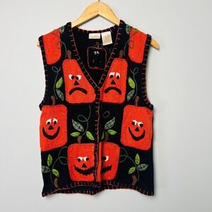 Bobbie Brooks Womens Black Pumpkin Face Halloween Ugly Sweater Vest S